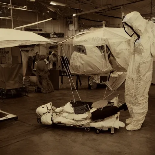 Prompt: dismantled alien on a gurney in hanger with people in hazmat suits standing around, grainy, vintage photo, sepia, old photo, realistic, detailed,