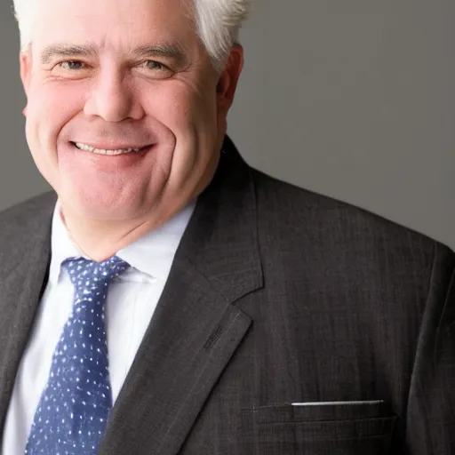 Prompt: close - up portrait of chubby chubby chubby white clean - shaven man in his sixties with white hair wearing a suit and tie, open mouthed smile,