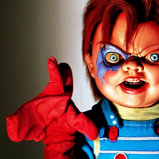 Prompt: Chucky the killer doll from the movie Child's Play being held by Mr. Rogers 8k hdr