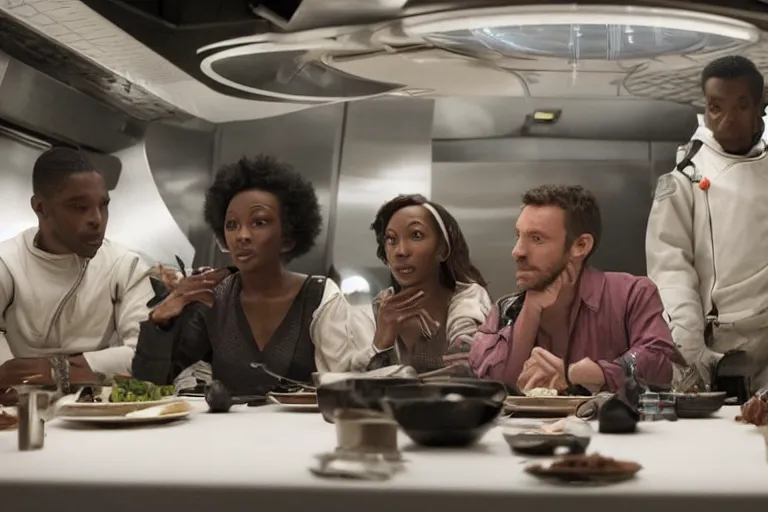 Image similar to movie diverse interracial small team of European sci-fi futuristic space explorers talking at the table in a spaceship kitchen, beautiful skin, Symmetrical faces. Beautiful lighting by Emmanuel Lubezki