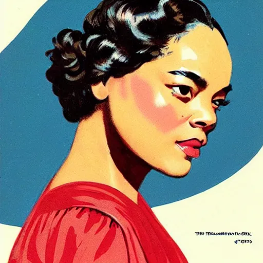 Prompt: “Tessa Thompson portrait, color vintage magazine illustration 1950”