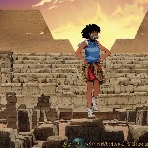 Image similar to a anime still of a black woman exploring ancient egypt ruins,madhouse