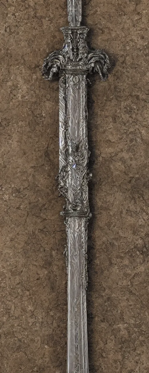 Image similar to sword of justice hanging on a wall, ornate gem in pommel, engraved blade, serrated point, herringbone floor, low angle, museum display