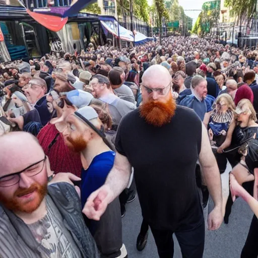 Prompt: a 7 foot tall, ginger, husky bodied, full bearded, balding middle aged man walking among the crowd