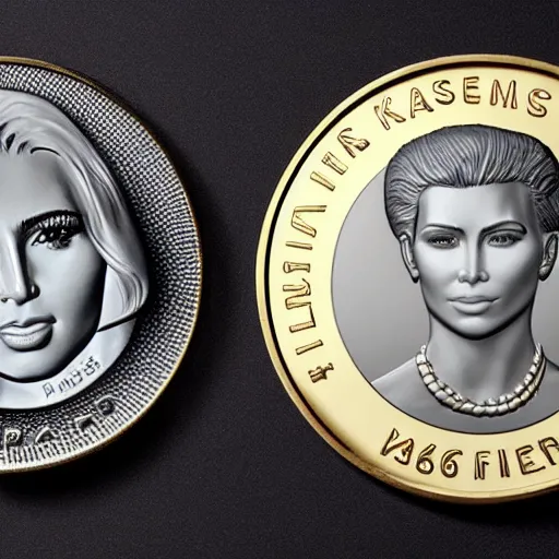 Image similar to photo of a minted coin with kim kardashian's face etched on it.