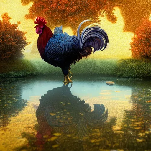 Image similar to soft painting rooster reflection refraction world synthwave ruins ponds alien vegetation, accurate features, focus, very intricate ultrafine details, black autumn, dense fog, award winning masterpiece, octane render 8 k hd, fantasy