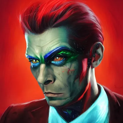 Prompt: portrait of a confident skinny dark haired man with a scar across his left eye wearing a red suit as an evil crime boss, high detail, concept art, neon color, vivid color, floating particles, glowing green eyes, background by john harris + roger dean, artwork by charlie bowater + artgerm + anato finnstark