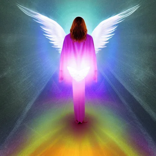 Prompt: the angel of light floating in the void of space with glorious bright wings, rainbow cloak, hidden face, high res, photo realistic