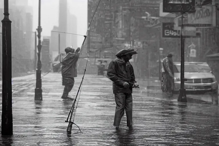 Image similar to fisherman with fishing rods catching and holding fish in a rainy new york street, photograph, natural light, sharp, detailed face, magazine, press, photo, Steve McCurry, David Lazar, Canon, Nikon, focus