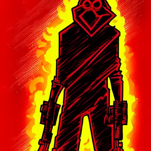 Prompt: a full body character design guy denning, tim doyle, laurie greasley. fiery flaming grungy industrial rectangular trapezoid faceless cloaked figure heroic!! fire!! bold outline sharp edges. ultra clear detailed. 8 k. elegant, neon colors, dynamic angle, intricate complexity, epic composition, symmetry, cinematic lighting masterpiece