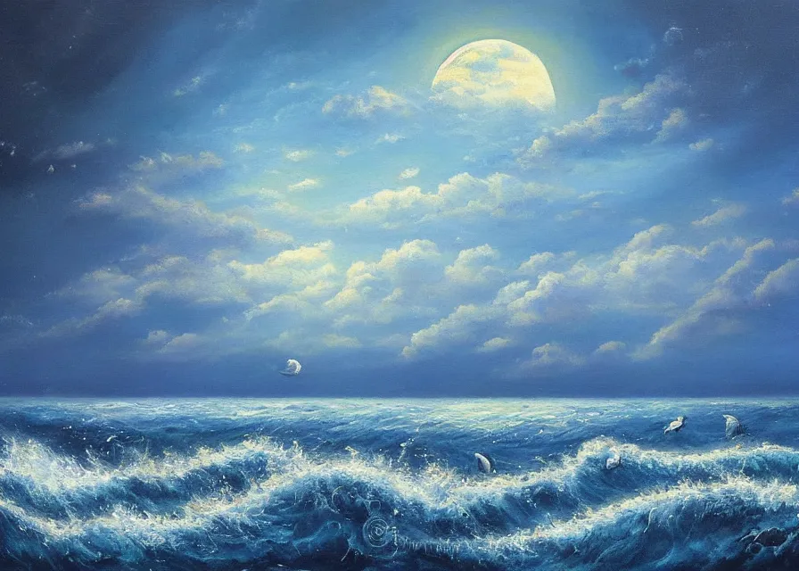 Image similar to beautiful ocean in moonlight, dolphins jumping out of the water, oil painting