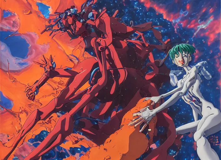 Image similar to third impact evangelion painting by james jean and katsuhiro otomo and erik jones, inspired by akira anime, smooth texture, intricate oil painting, high detail illustration, sharp high detail, long exposure