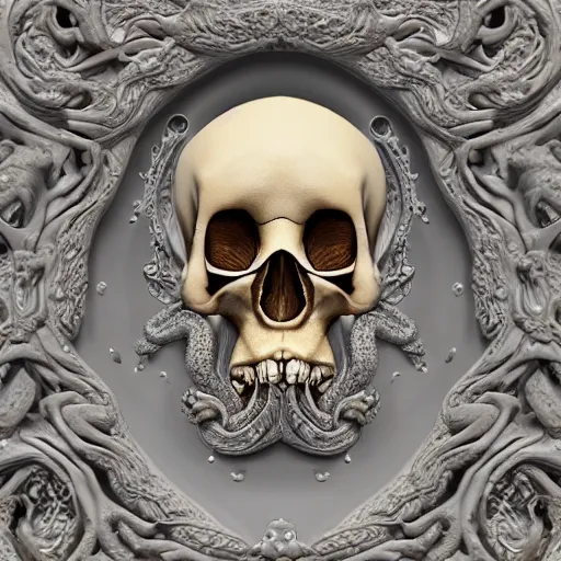 Prompt: hyper realistic 3 d render of ornately carved rococo human skull octopus hybrid, delicate detailed scrimshaw pattern of occult symbols and fractal geometry, tentacles, octane render 4 k, bone and ivory, waxy