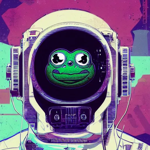 Prompt: portrait of a space pirate skull pepe the frog. intricate abstract. cyberpunk, vhs glitch. full face broken helmet. intricate artwork. nightmare fuel. terrifying. empty oxygen tank. by Tooth Wu, wlop, beeple, dan mumford. octane render, trending on artstation, greg rutkowski very coherent symmetrical artwork. cinematic, hyper realism, high detail, octane render, 8k, iridescent accents, black and white