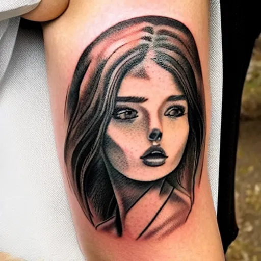 Image similar to a tattoo design of a beautiful girl face faded in a mountain scenery, in the style of den yakovlev, hyper - realistic, amazing detail