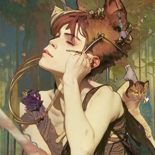 Image similar to Portrait of a pretty fantasy catboy with cat ears. Art by Greg Rutkowski and Alphonse Mucha