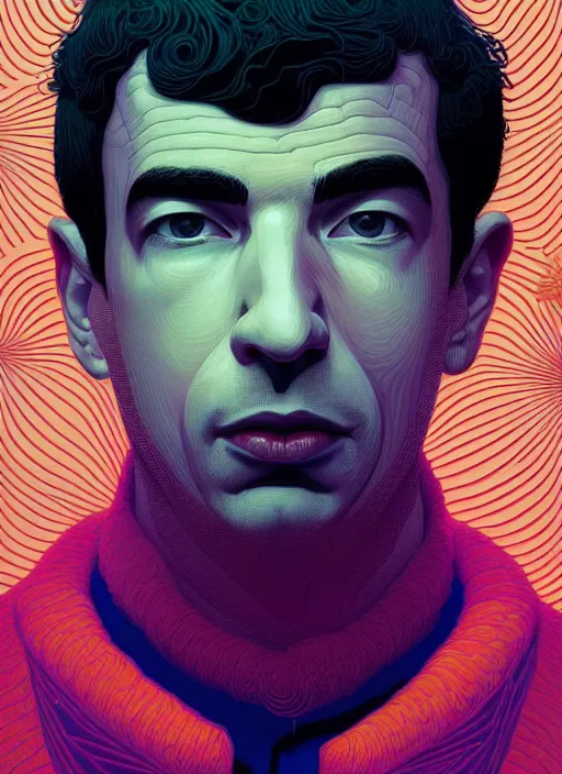 Prompt: symmetry!! stunning portrait of nathan fielder, by victo ngai, kilian eng vibrant colors, dynamic lighting, digital art, winning award masterpiece, fantastically beautiful, illustration, aestheticly inspired by beksinski and dan mumford, upscale with simon stalenhag work, artstation, 8 k