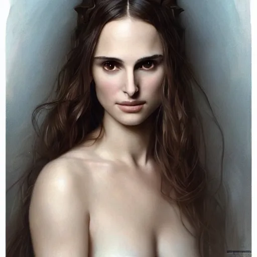 Image similar to beautiful striking Pre-Raphaelite Natalie Portman by Artgerm and Greg Rutkowski, pale, intricate, elegant, highly detailed, digital painting