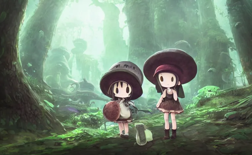 Image similar to cute little girl with an long black wearing an mushroom hat in the dark forest next to a sinister monster, cute, clean detailed art, inspired by made in abyss, detailed background, fantastic world