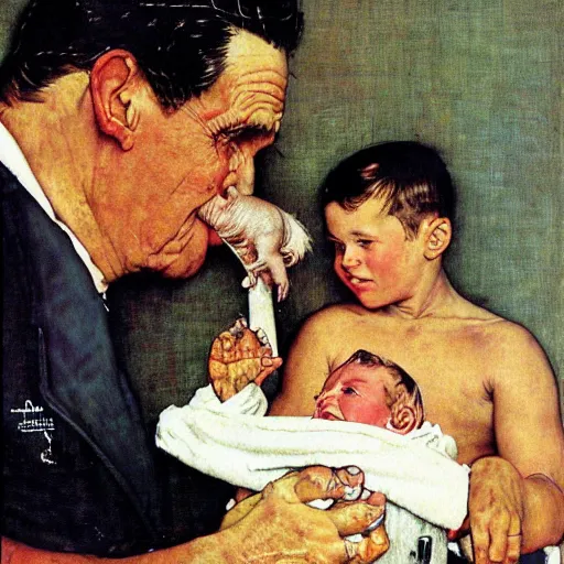 Image similar to a Norman Rockwell painting of a boy and his pet baby walrus