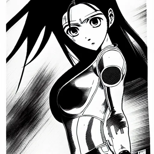 Image similar to alita by yukito kishiro. medium shot. black and white manga. pencil drawing.