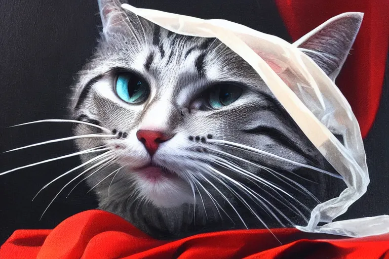 Prompt: a cat in a plastic bag. Cinematic. Intricately detailed acrylic painting