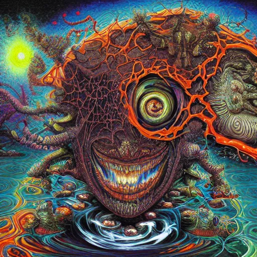 Prompt: hypercomplex image of fractal nightmare mercury maggots fill the brain phantoms of misery plastic head jigsaw puzzle god of chaos rains down, dramatic, action horror by alex grey, lisa frank, ayami, kojima, amano, karol bak, greg hildebrandt, mark brooks, beksinski, takato yamamoto, masterpiece, 8 k, hires