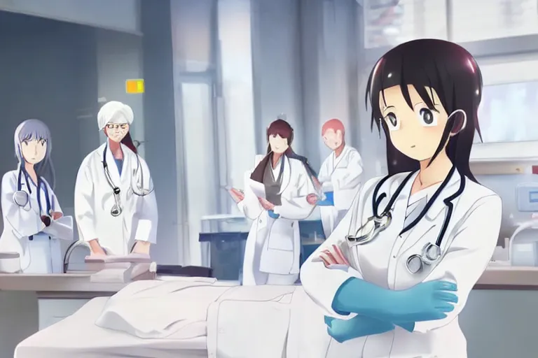 Image similar to a cute young female doctor wearing white coat are doing an operation in a hospital, slice of life anime, cinematic, lighting, anime scenery by Makoto shinkai