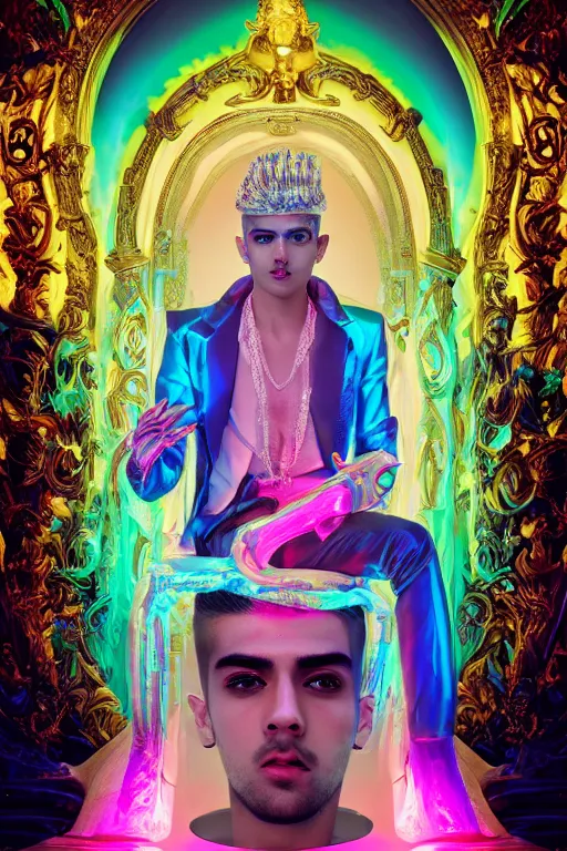 Prompt: hyper detailed ultra sharp photo of baroque and bladerunner neon crystalline sculpture of seductive ceramic albino glass prince zayn malik dotado pink iridescent humanoid deity wearing blue hooded metallic tuxedo holding an glass skull in a onyx dungeon, reclining, glowing magenta face, crown of white diamonds, cinematic lighting, photorealistic, octane render 8 k depth of field 3 d