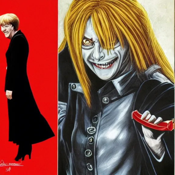 Prompt: angela merkel is alucard in hellsing, airbrush art, drew struzan illustration art, key art, movie poster