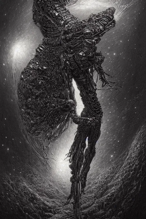 Image similar to a fire biomechanical dancer by artgem and les edwards, gustave dore, highly detailed, high contrast, light reflection, trippy, nebula, trending on artstation