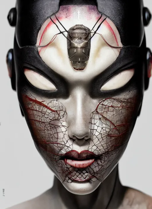 Image similar to close up portrait of a futuristic geisha cyborg, in the style of ghost in the shell, kintsugi, modern fine art, fractal, intricate, elegant, highly detailed, digital photography, subsurface scattering, by erwin olaf and greg rutkowski,