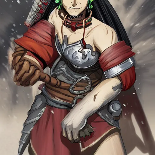 Image similar to portrait of a female orc warrior in Yusuke Murata style, D&D, dungeons and dragons, anime