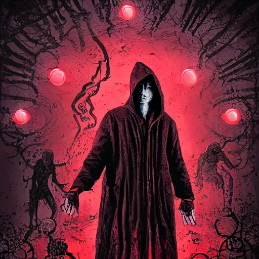 Image similar to a pale figure in a black hood, surrounded by zombies, with swirling glowing red magic, high quality, by anson maddocks, 4 k, digital art