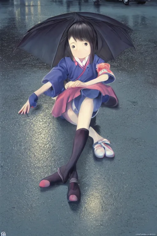 Image similar to 3d octane render portrait a stern girl in Japanese maid's clothes and long stockings sits on the wet pavement in a parking lot in the rain at night. art by hayao miyazaki and Ruan Jia and Mandy Jurgens and Artgerm and William-Adolphe Bouguerea Sakimichan, oil painting