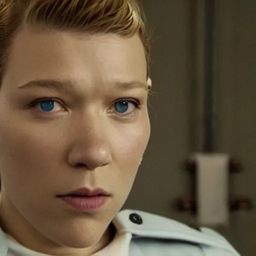 Image similar to A movie still of Lea Seydoux as a prison guard in a french prison in a Wes Anderson Movie, Wes Anderson directing