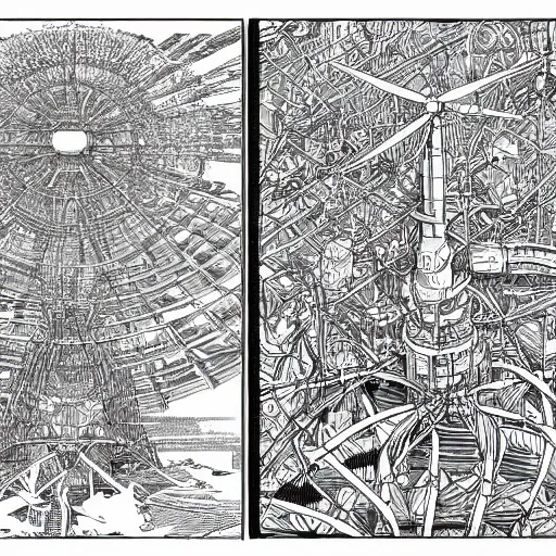 Prompt: hyper detailed comic illustration of a wind turbine blueprint, black ball pen on white paper, by Josan Gonzalez and Geof Darrow, intricate details