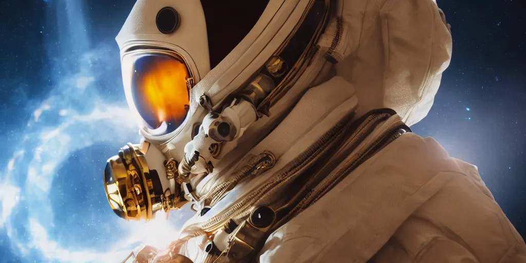 Image similar to ornate skull in astronaut suit with gold linens, cinematic lighting, dramatic, octane render, long lens, depth of field, bokeh, anamorphic lens flare, 8k, hyper detailed