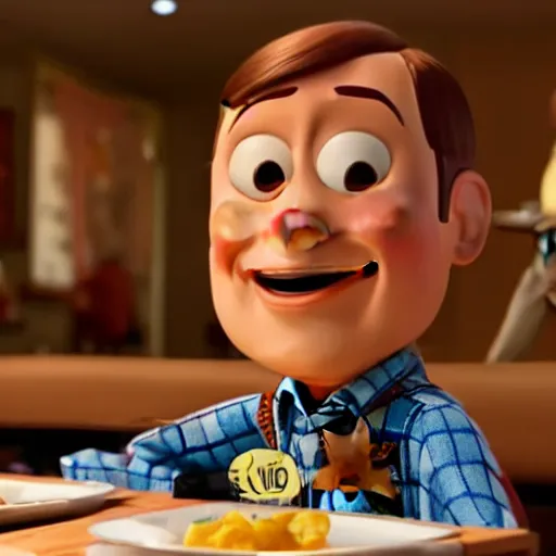 Prompt: full shot, panning left right, Woody from Toy Story in Better Call Saul having dinner with Kim Wexler