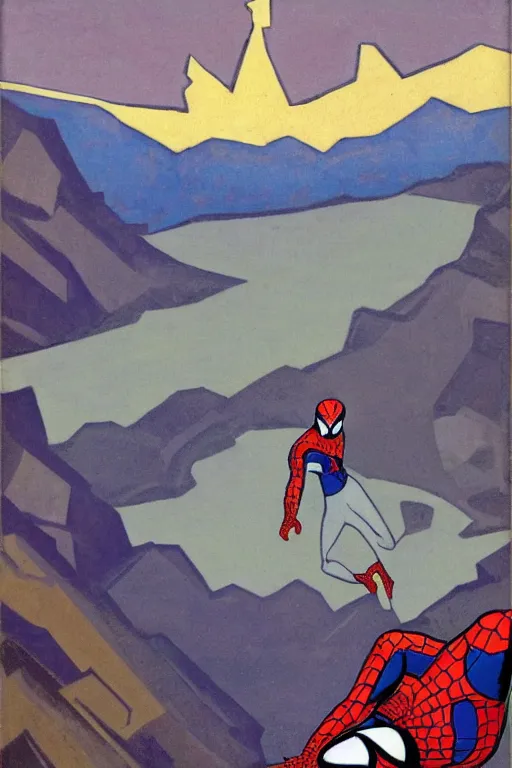 Prompt: spiderman stay on mountain, marvel, artwork by nicholas roerich,