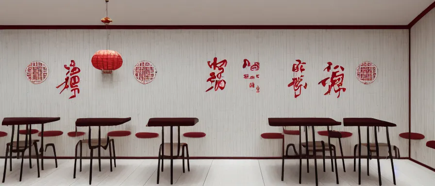 Image similar to a beautiful simple interior render of small roasted string hotpot restaurant restaurant yan'an, wall corner, from china, red paper wall and white tile floor, rectangle white porcelain table, fine simple delicate structure, chinese style, simple composition, simple style structure decoration design, victo ngai, 4 k hd