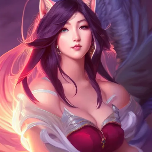 Image similar to perfectly - centered - portrait of ahri from league of legends, intricate, highly detailed, digital painting, artstation, concept art, smooth, sharp focus, illustration, unreal engine 5, 8 k, art by artgerm and greg rutkowski and alphonse mucha