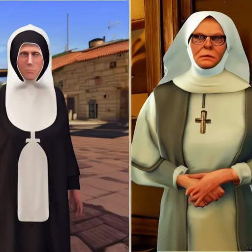 Image similar to catholic nun as a game character in gta 5, game graphics, game screenshot