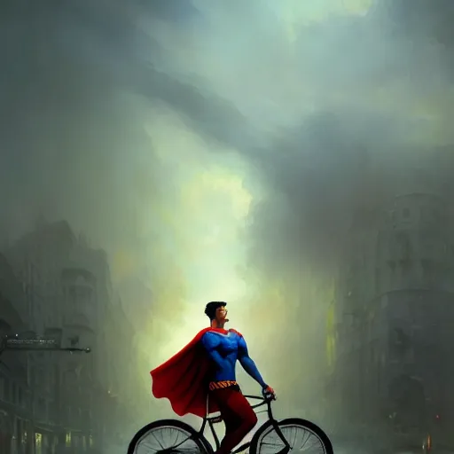 Image similar to cinematic shot epic portrait superman riding a bicycle in the streets, atmospheric, cloudy, broad light, ambient occlusion, volumetric light effect, made by ivan aivazovsky, peter mohrbacher, greg rutkowski, ross tran, matte painting, trending on artstation, 4 k, perfectly defined features, digital painting, cinematic, epic, highly detailed,