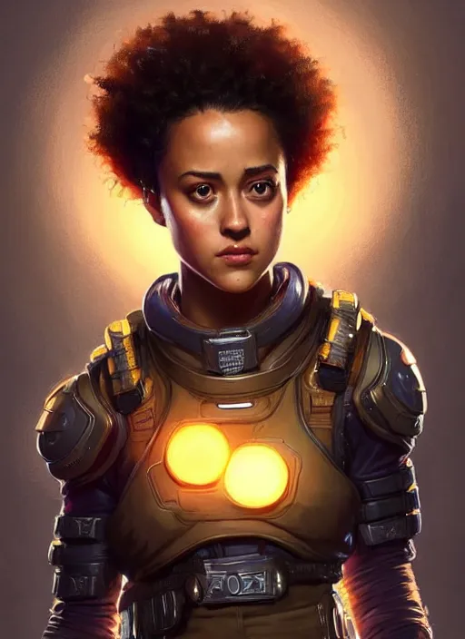 Image similar to portrait of apex legends nathalie emmanuel, intricate, elegant, glowing lights, highly detailed, digital painting, artstation, glamor pose, concept art, smooth, sharp focus, illustration, art by artgerm and greg rutkowski, artey freytag