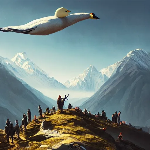 Image similar to Crowd surrounds giant duck flying over mountains, mountain landscape, Himalayas, 4k, art by Greg Rutkowski