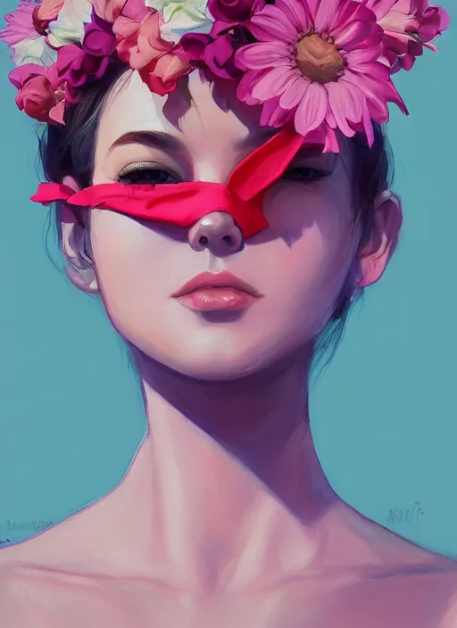Prompt: still from music video, beautiful women blindfold, flowers, street clothes, full figure portrait painting by martine johanna, ilya kuvshinov, rossdraws, pastel color palette, 2 4 mm lens