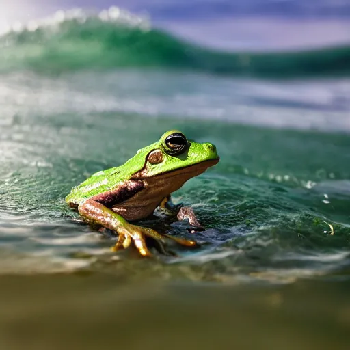 Image similar to photograph of a frog on a surfboard, catching a wave, high quality, clean, sharp focus, enhanced colors, hd, 8k