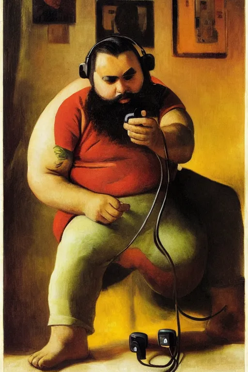 Image similar to portrait of a handsome chubby bearded Hispanic man, wearing headset and T-shirt, holding game controller, glowing with silver light, painting by Franz Marc, by Jean-Léon Gérôme, by Winsor McCay, today's featured photograph, 16K