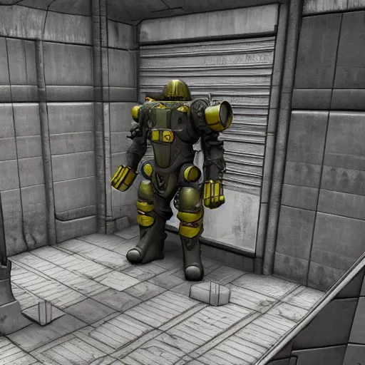 Image similar to fallout enclave fighter in power armor with a minigun in his hands stands next to the entrance to the fallout shelter, camera view isometric, post - apocalyptic, 3 d prerender, realism